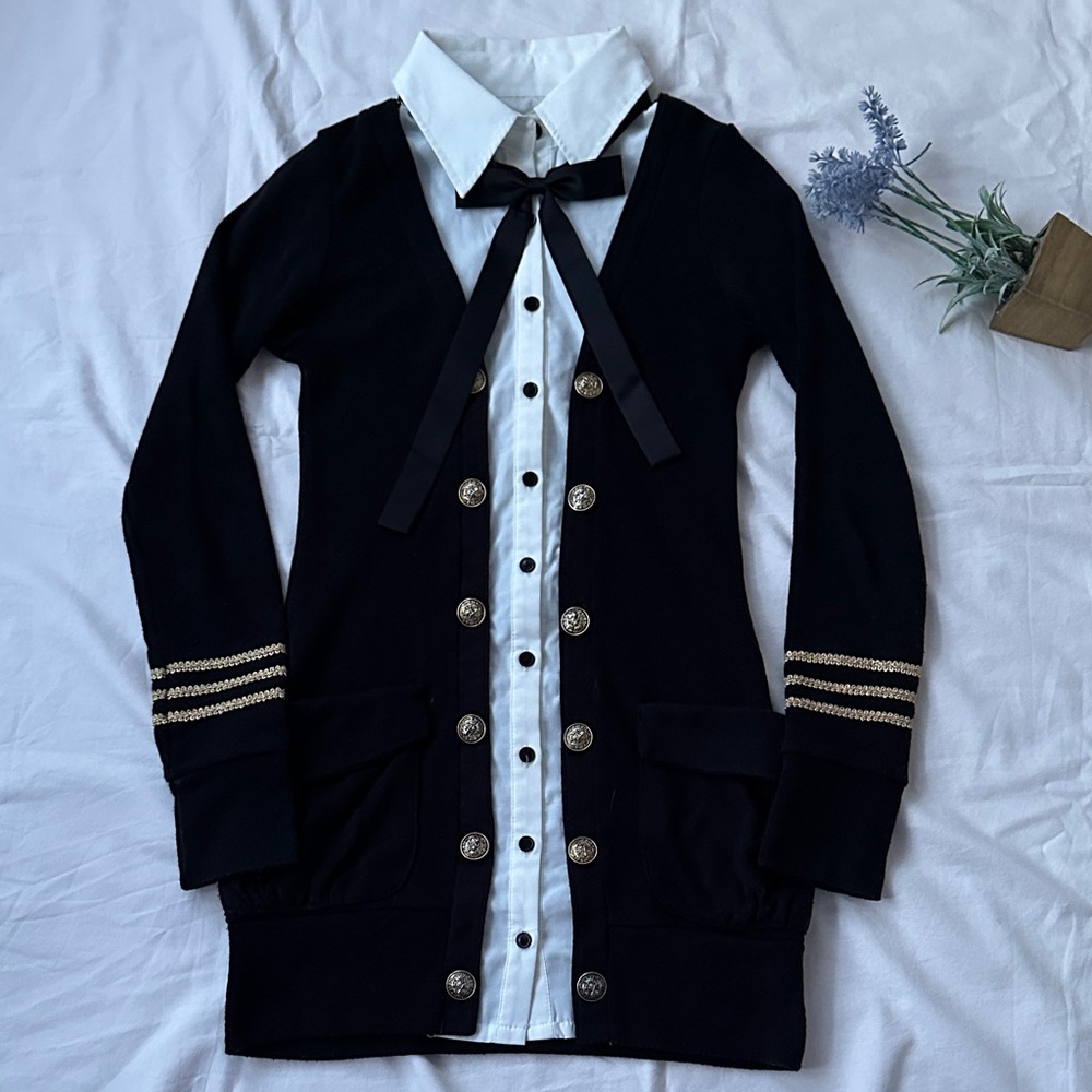 Japanese fashion, Black Cardigan with Gold Button Accents